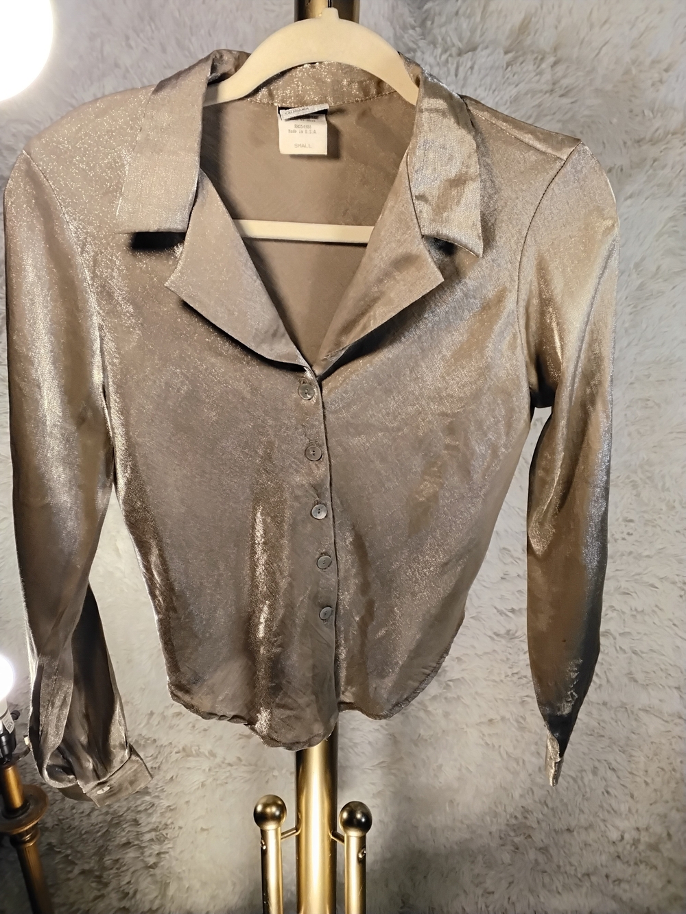 Shimmery Button-Front Women's Blouse in Taupe